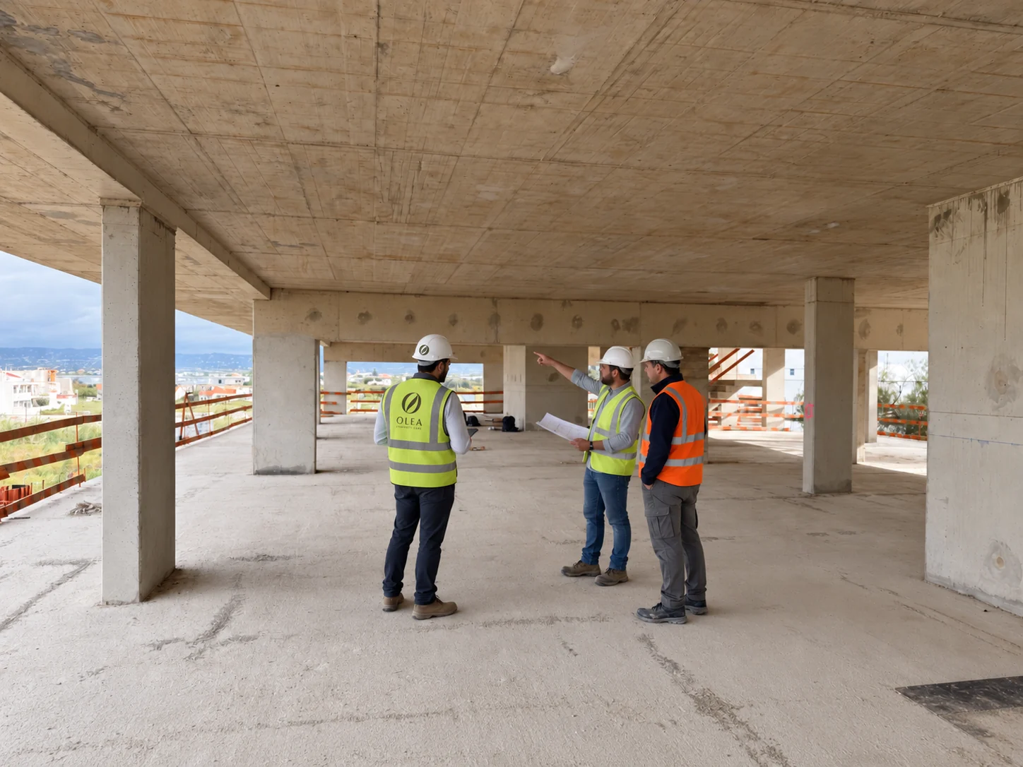 Profissional identificado com a OLEA em articulação com equipa técnica numa obra residencial